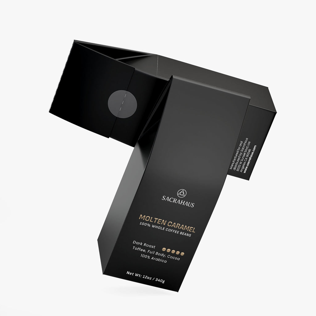 SACRAHAUS Molten Caramel Dark Roast Coffee Package Featuring Rich Dark Cocoa Notes