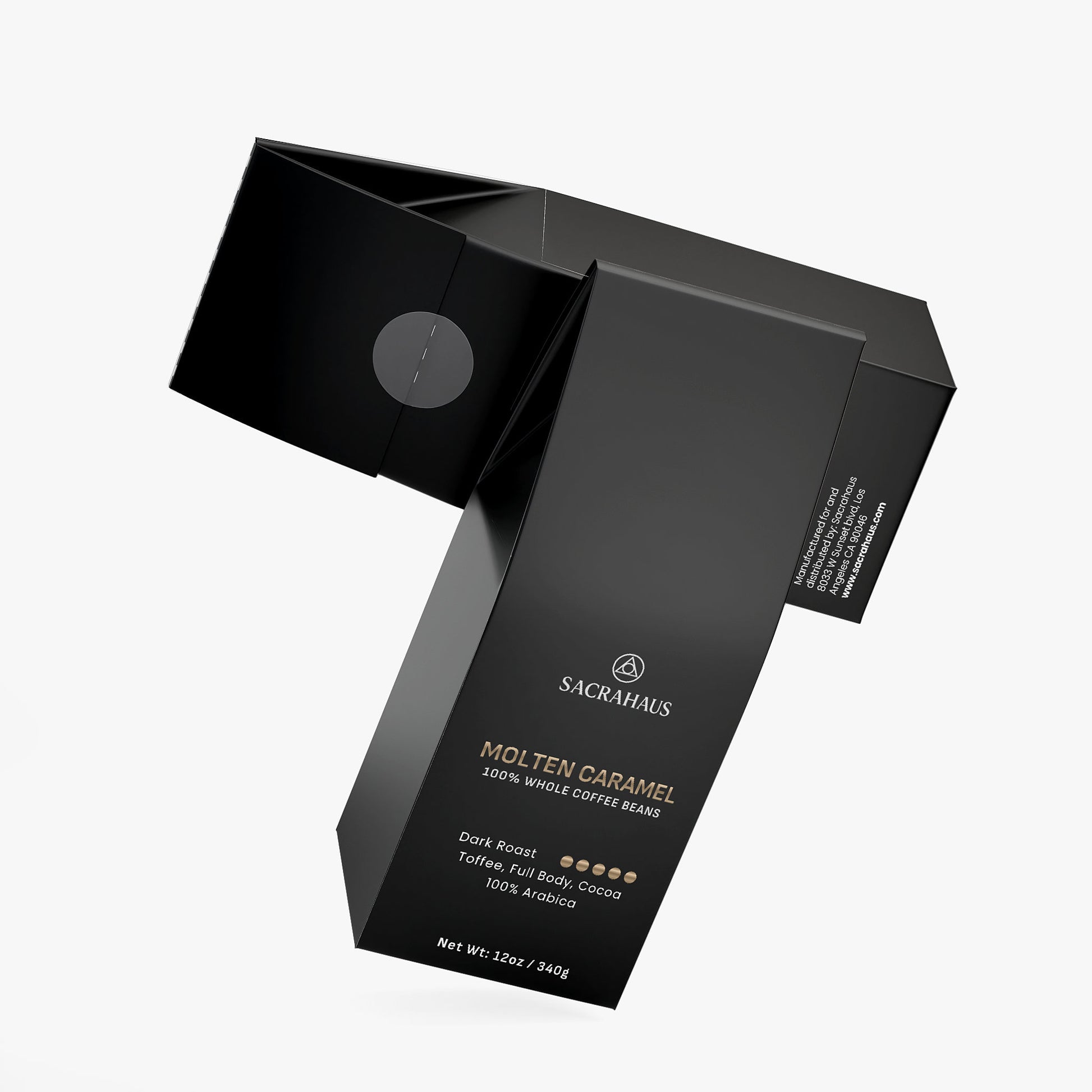 SACRAHAUS Molten Caramel Dark Roast Coffee Package Featuring Rich Dark Cocoa Notes