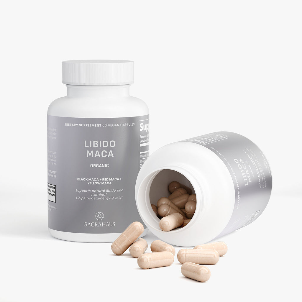 SACRAHAUS organic maca supplement in vegan capsules promoting natural energy and libido support