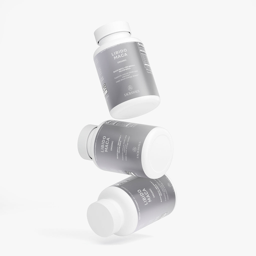 SACRAHAUS organic maca supplement bottles stacked for sexual wellness support