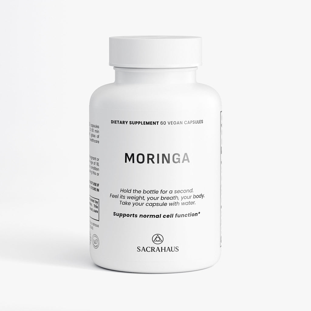 SACRAHAUS Organic Moringa Capsules in a white bottle with 60 vegan capsules for health support