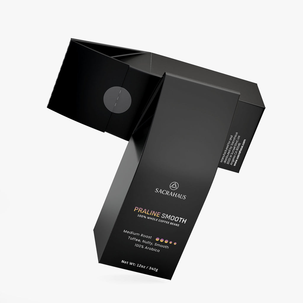 SACRAHAUS Praline Smooth Coffee Beans package showcasing medium roast with toffee notes