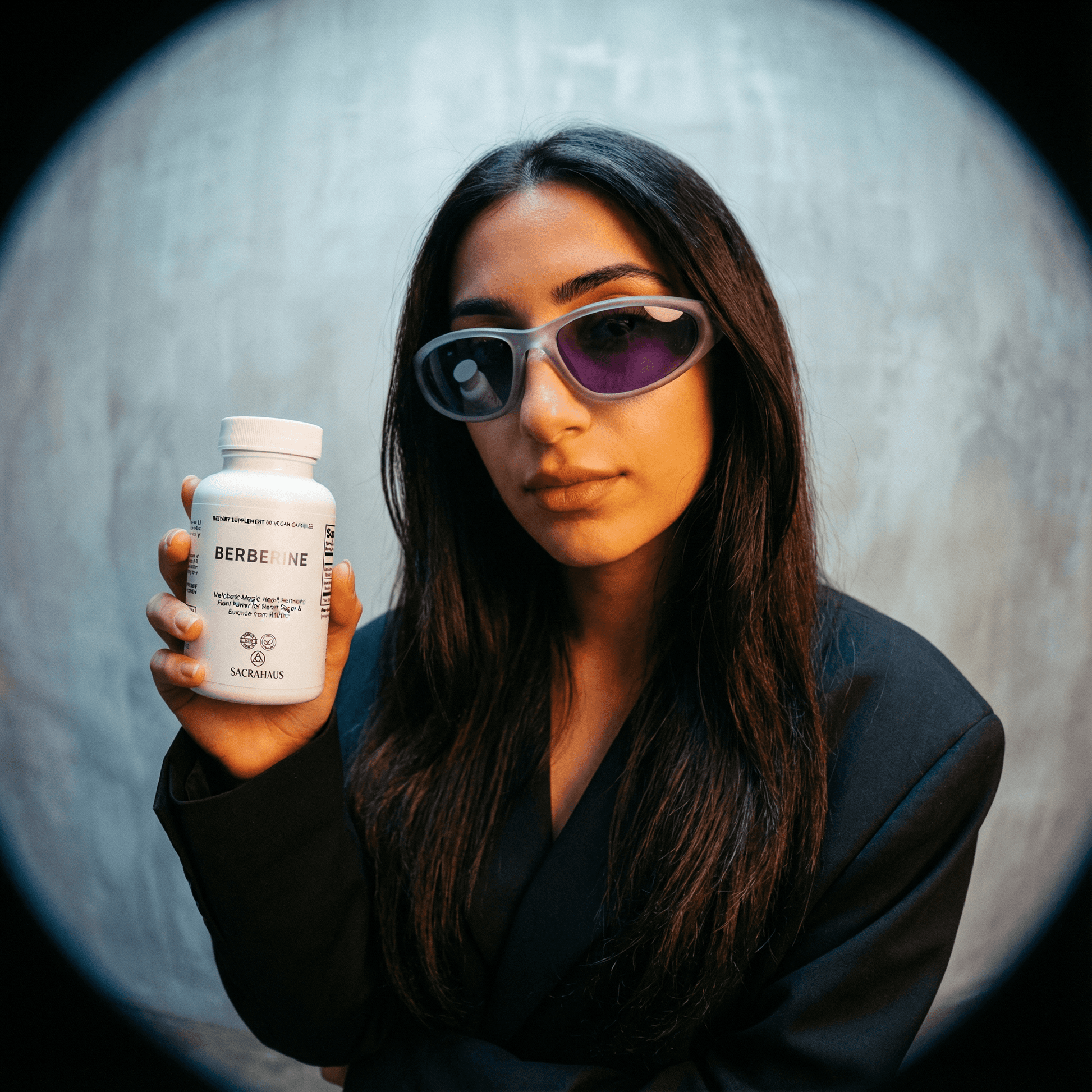 Model holding SACRAHAUS vegan berberine supplement in a stylish setting with sunglasses