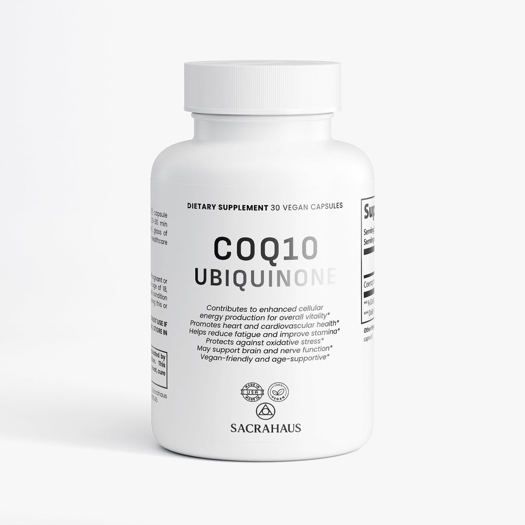 SACRAHAUS vegan CoQ10 supplement in a bottle of 30 capsules for post-workout recovery