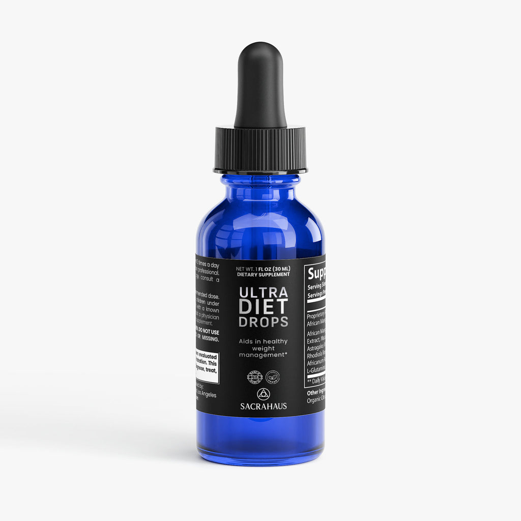 SACRAHAUS Ultra Diet Drops in blue glass bottle for weight management, featuring vegan diet drops for weight loss