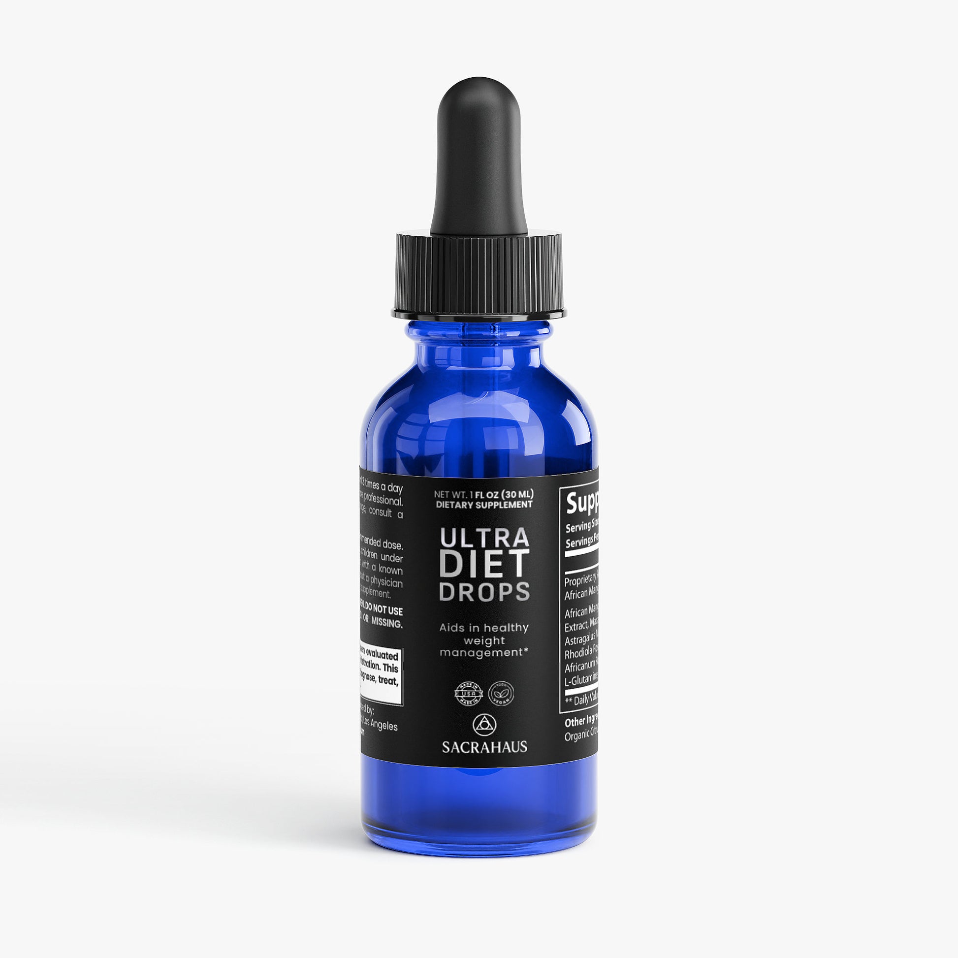 SACRAHAUS Ultra Diet Drops in blue glass bottle for weight management, featuring vegan diet drops for weight loss