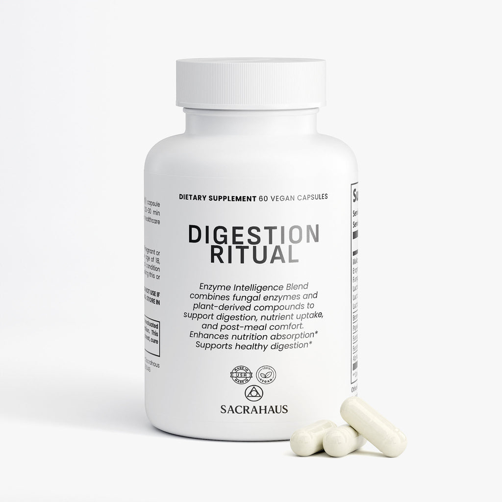 SACRAHAUS vegan digestive enzyme supplement in a white bottle with 60 capsules for digestive health.