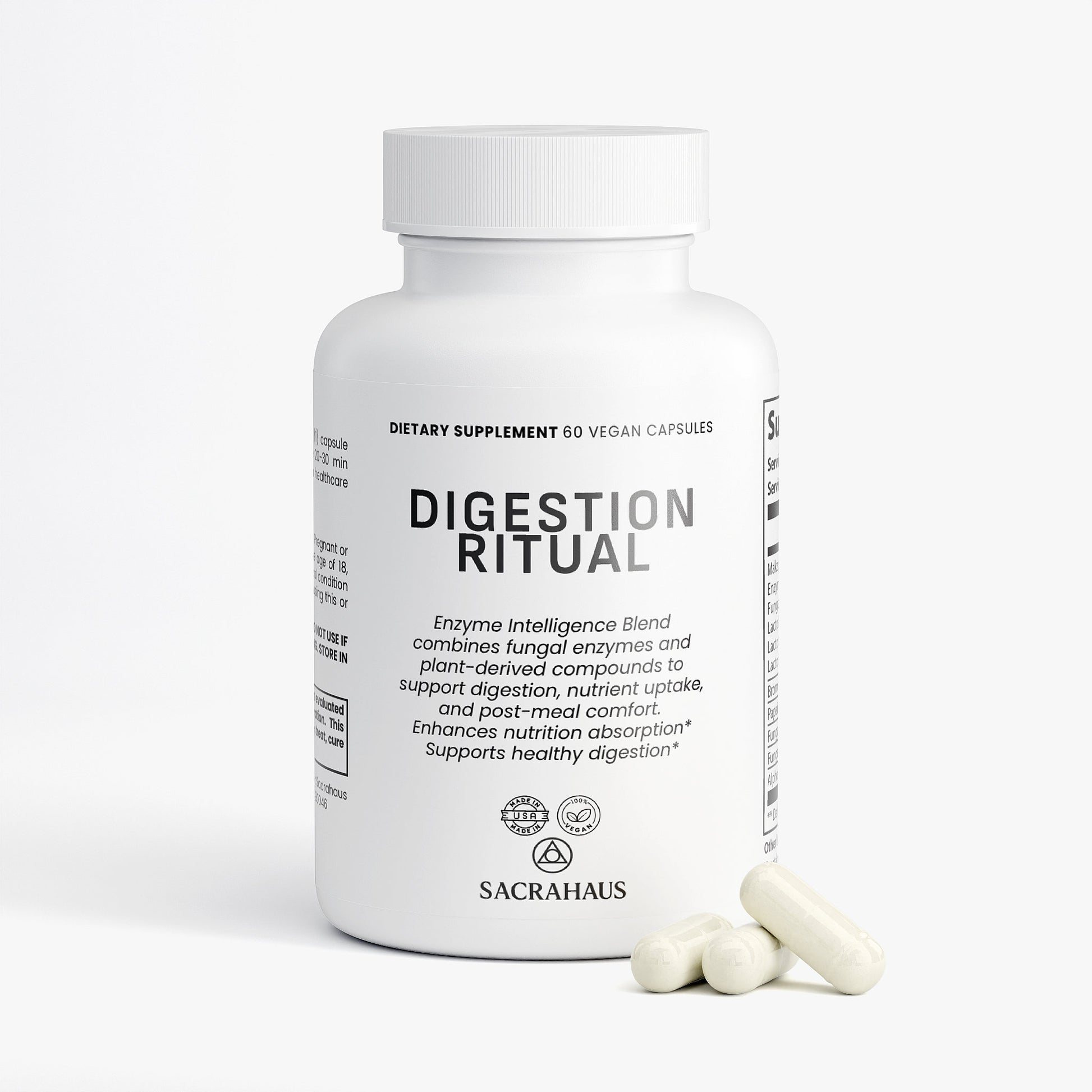 SACRAHAUS vegan digestive enzyme supplement in a white bottle with 60 capsules for digestive health.