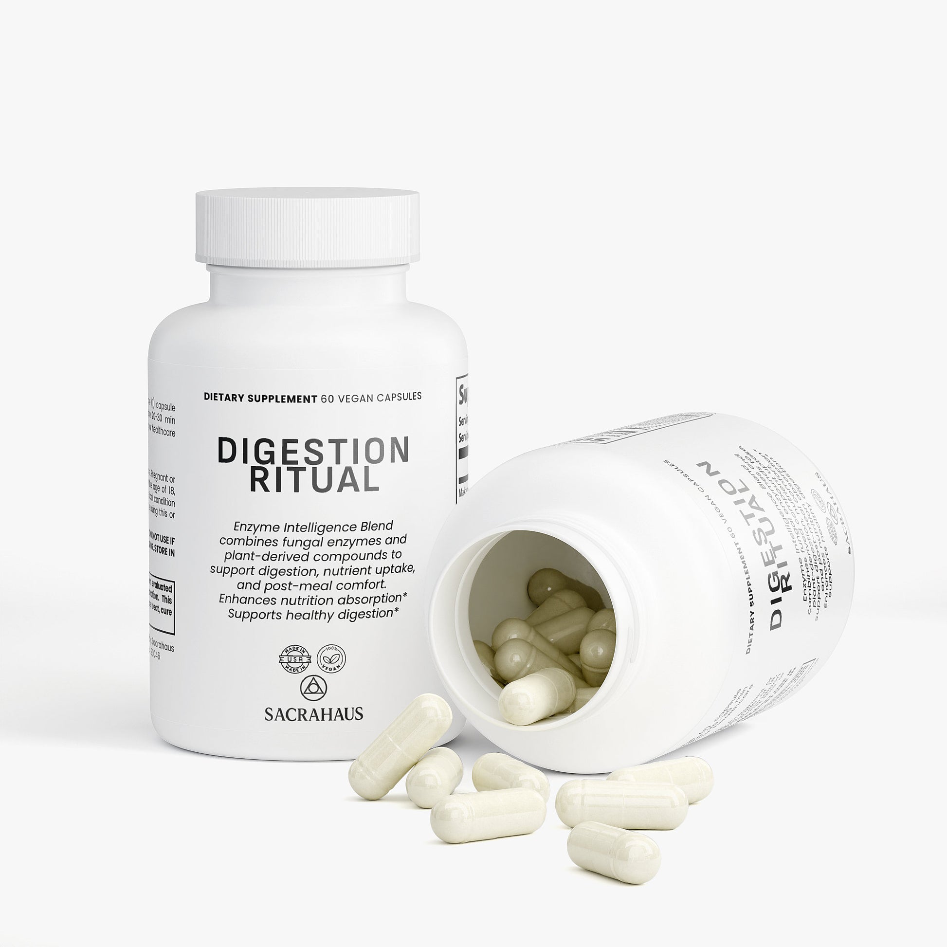 SACRAHAUS vegan digestive enzyme supplement in a bottle with capsules for digestive health support