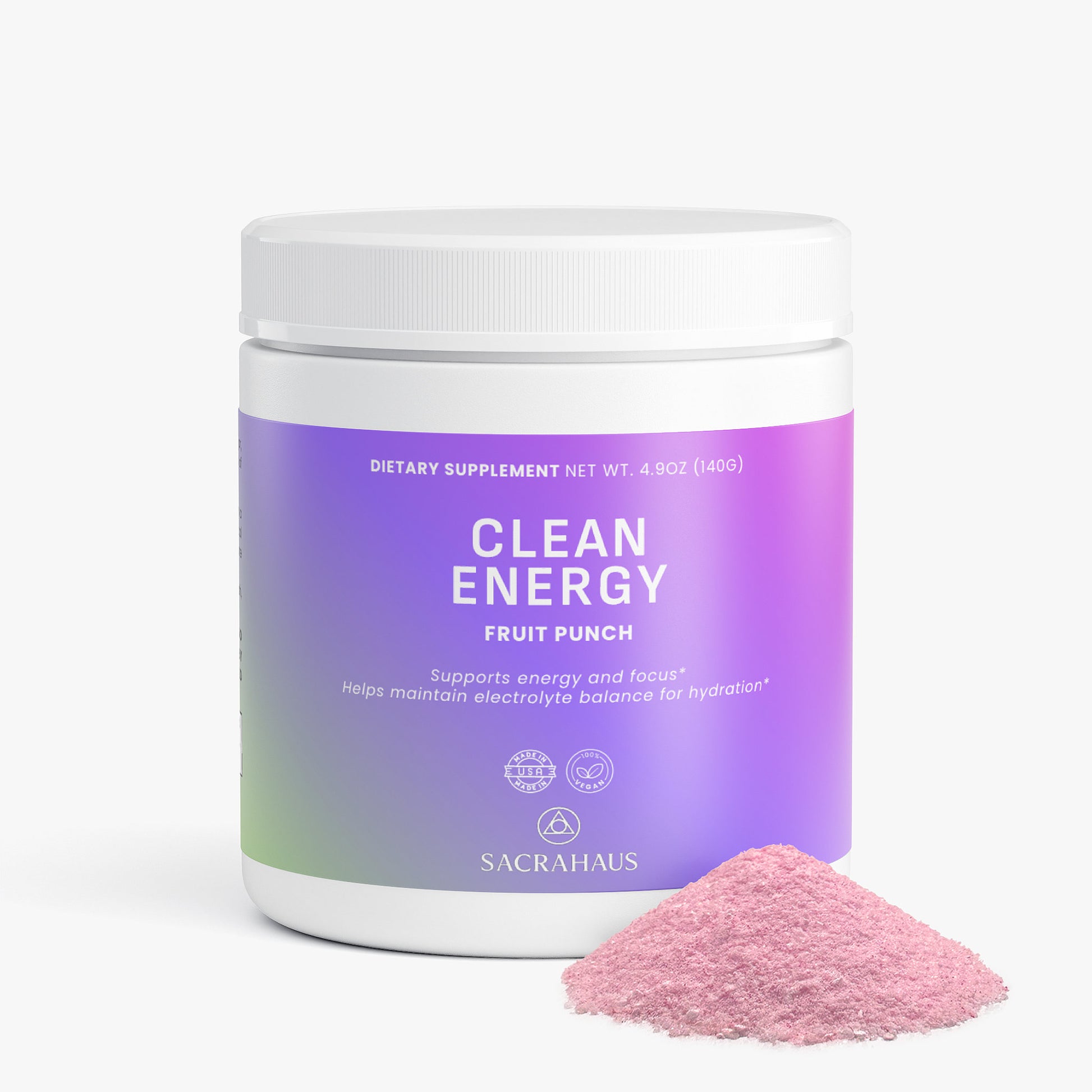 SACRAHAUS Clean Energy Vegan Energy Powder in Fruit Punch flavor for enhanced energy and focus