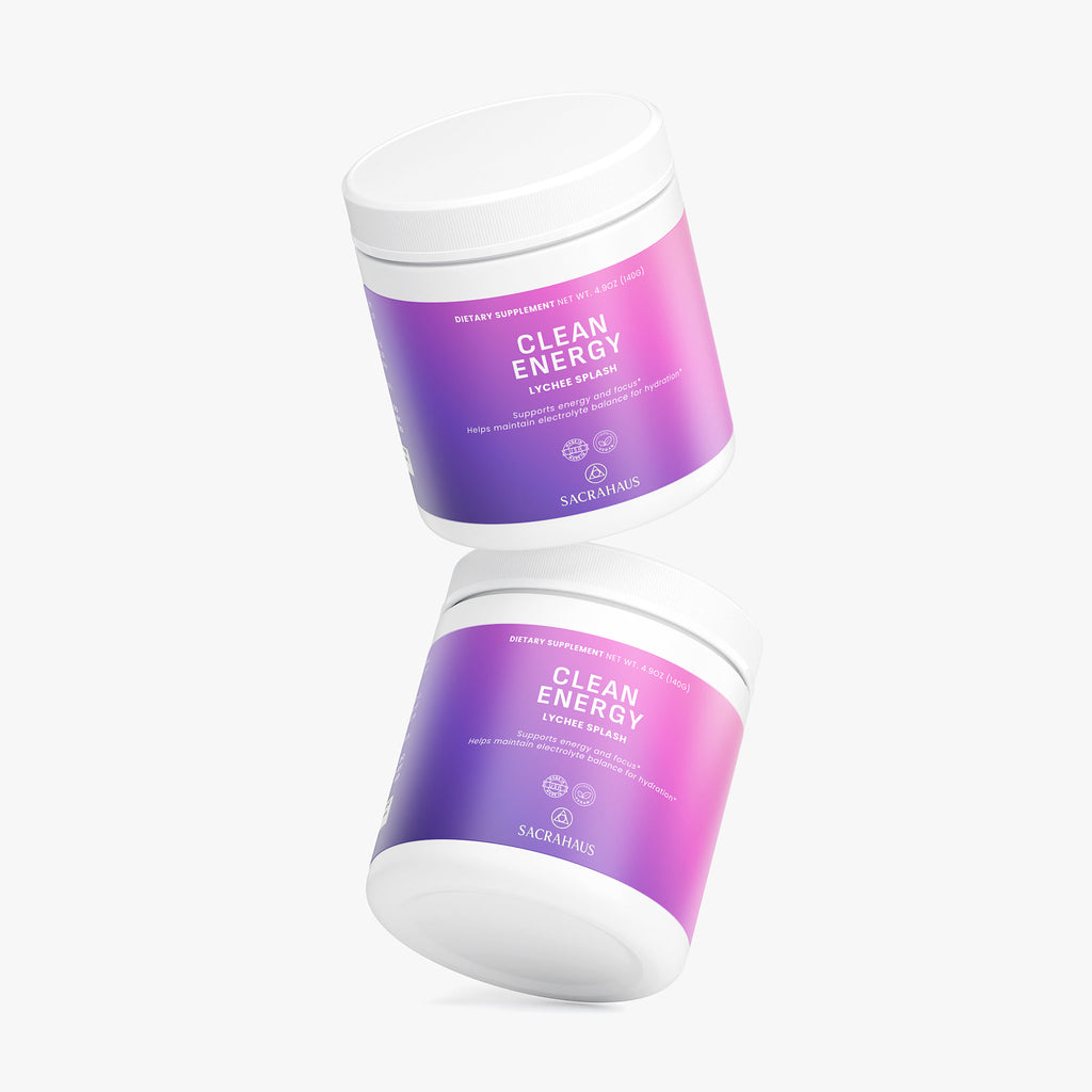 SACRAHAUS Clean Energy Pre-Workout Supplements in a vibrant container of vegan energy powder