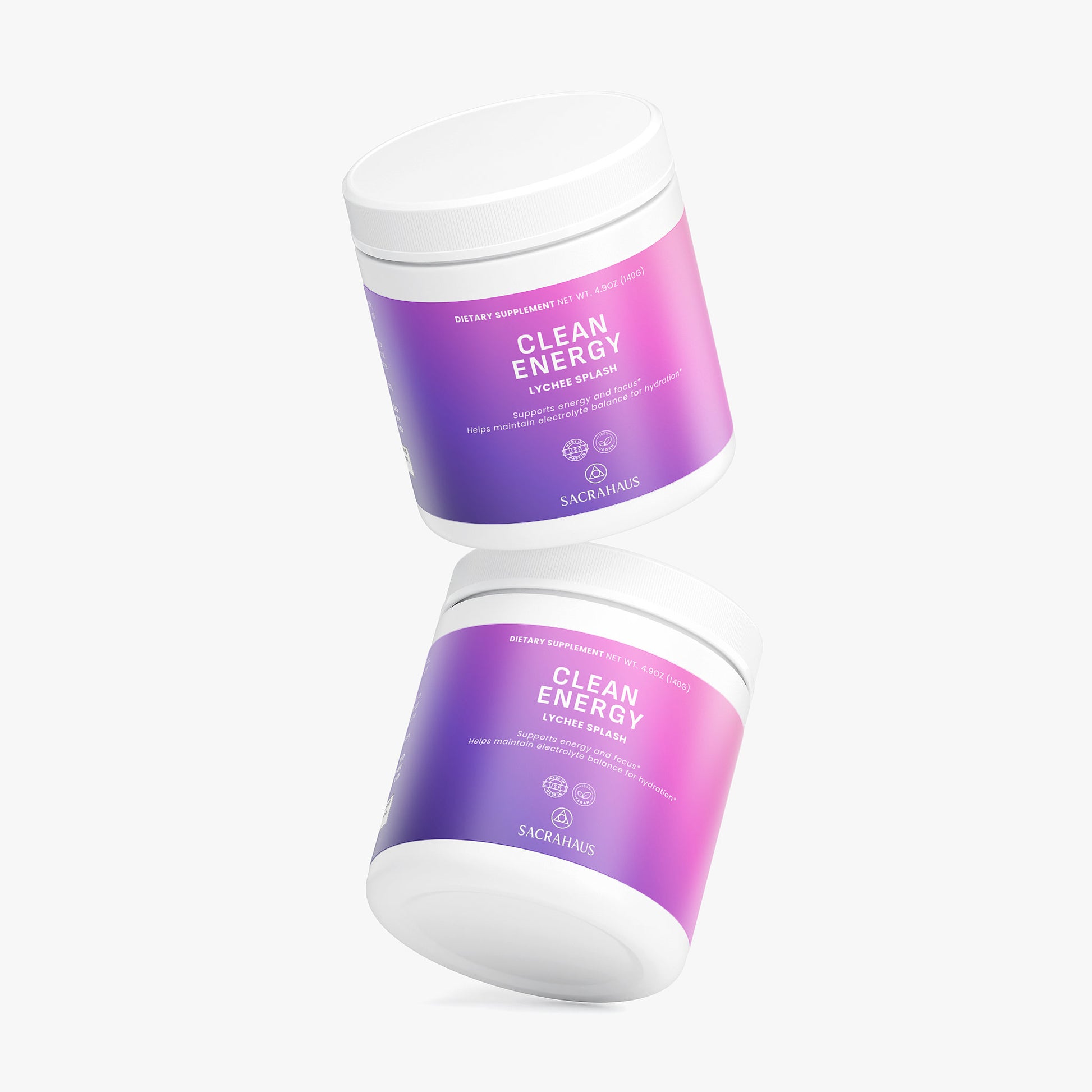SACRAHAUS Clean Energy Pre-Workout Supplements in a vibrant container of vegan energy powder