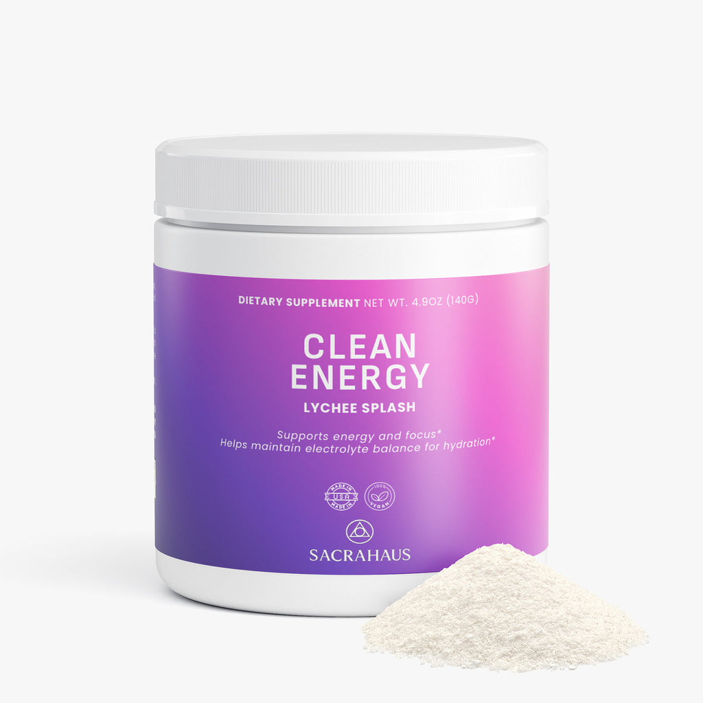 SACRAHAUS Clean Energy Lychee Splash Pre-Workout Supplement in a white container with vegan energy powder
