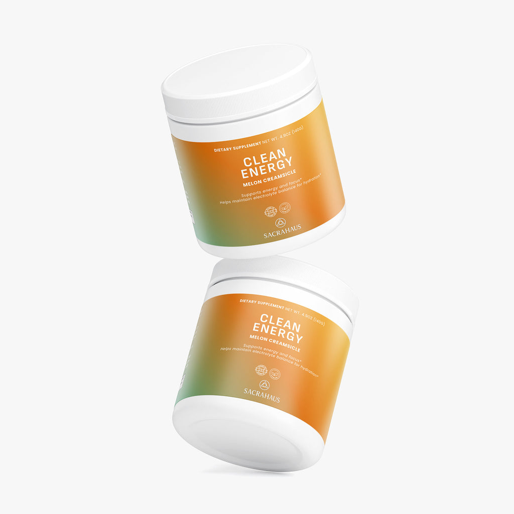 SACRAHAUS Clean Energy Pre-Workout Supplements in jars with vegan energy powder for enhanced performance