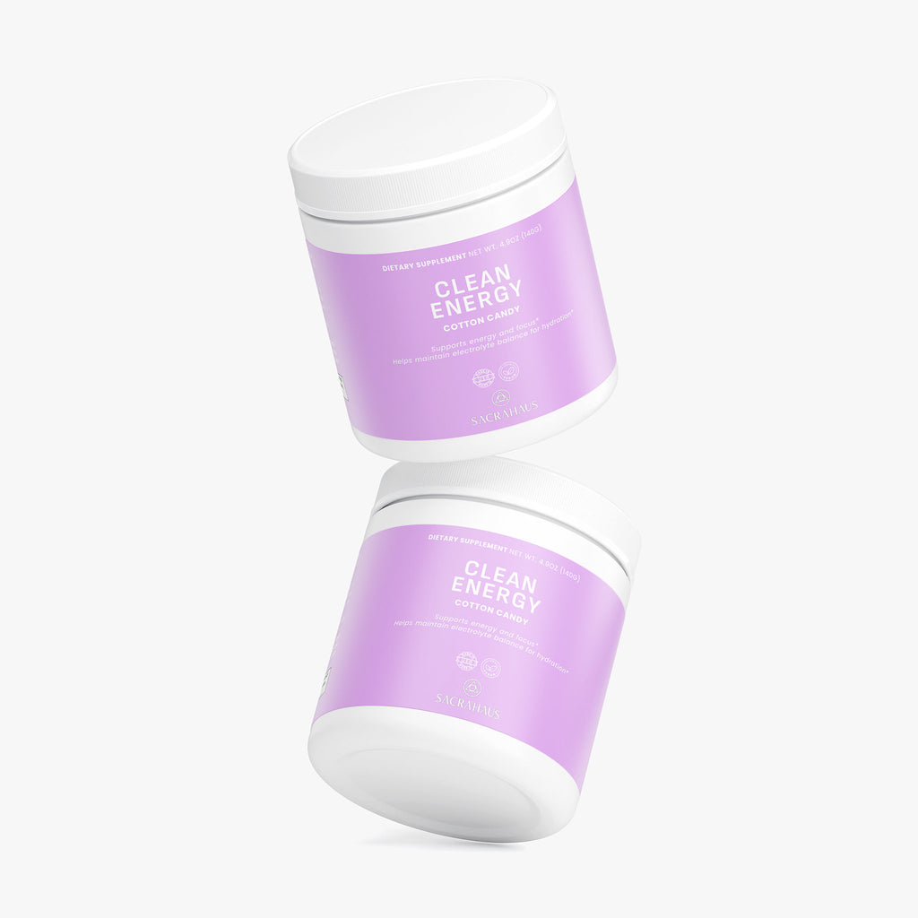 SACRAHAUS vegan energy powder cotton candy in a clean energy supplement container