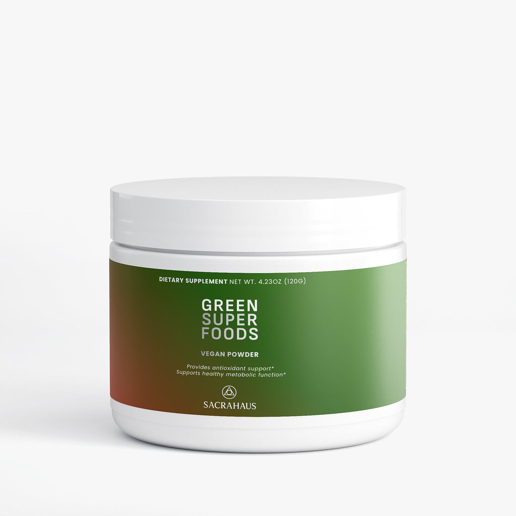SACRAHAUS vegan green superfoods powder in a white container for dietary supplement and antioxidant support