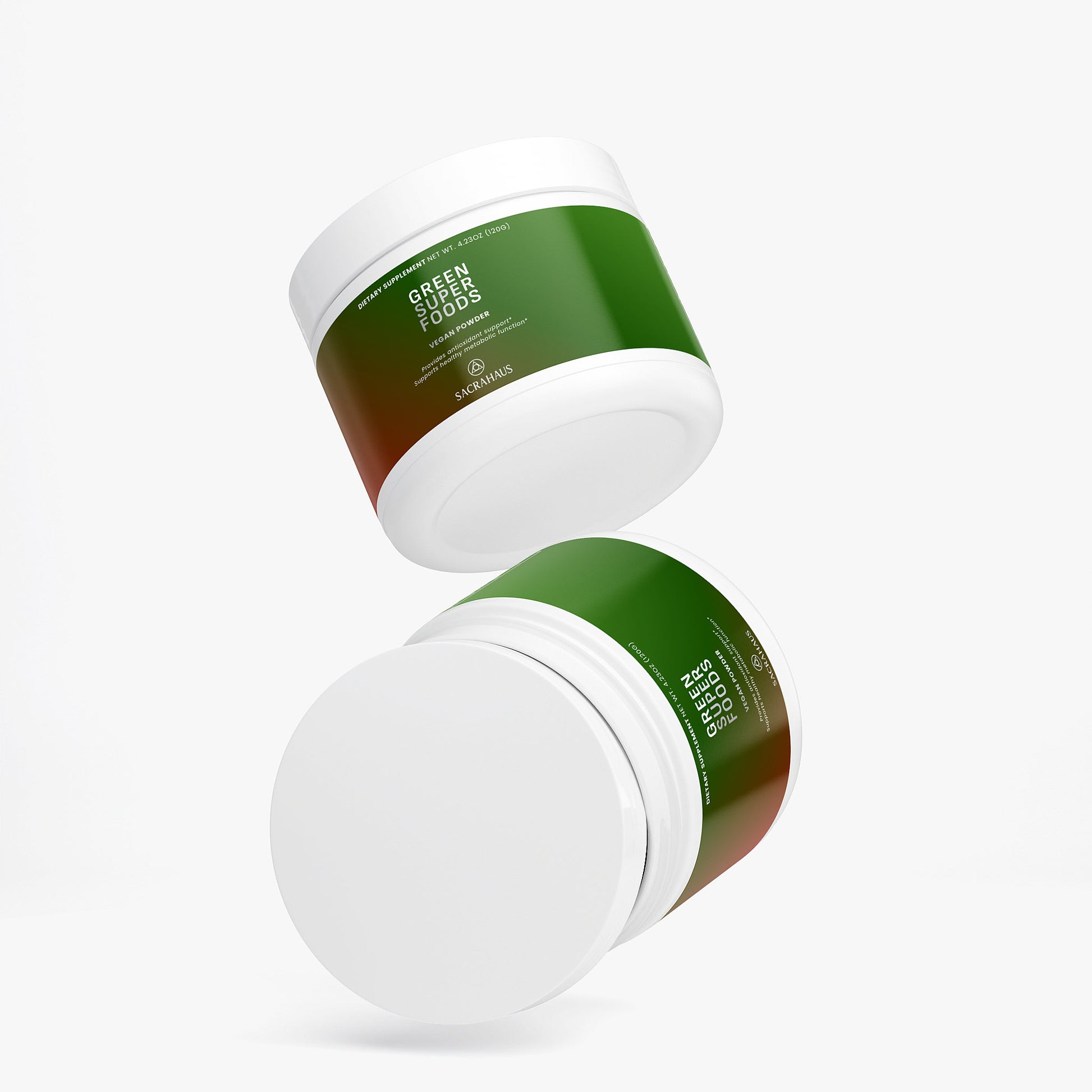 SACRAHAUS vegan green superfoods powder in a sleek jar for healthy smoothies and nutrition