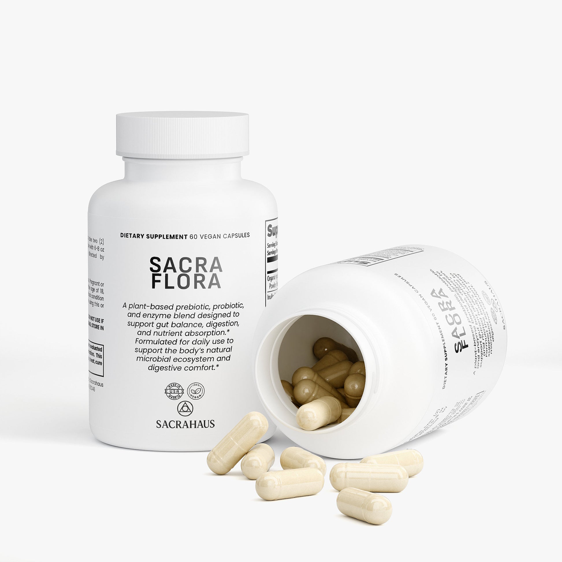 SACRAHAUS Sacra Flora vegan gut health supplements in a bottle with capsules for digestive support