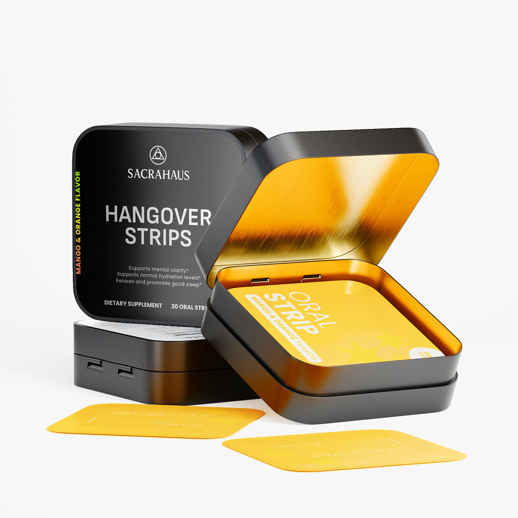 SACRAHAUS vegan hangover relief strips in mango and orange flavor for effective dietary support