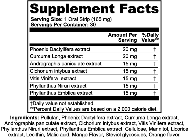 SACRAHAUS vegan hangover relief strips Supplement Facts label with active ingredients and serving information