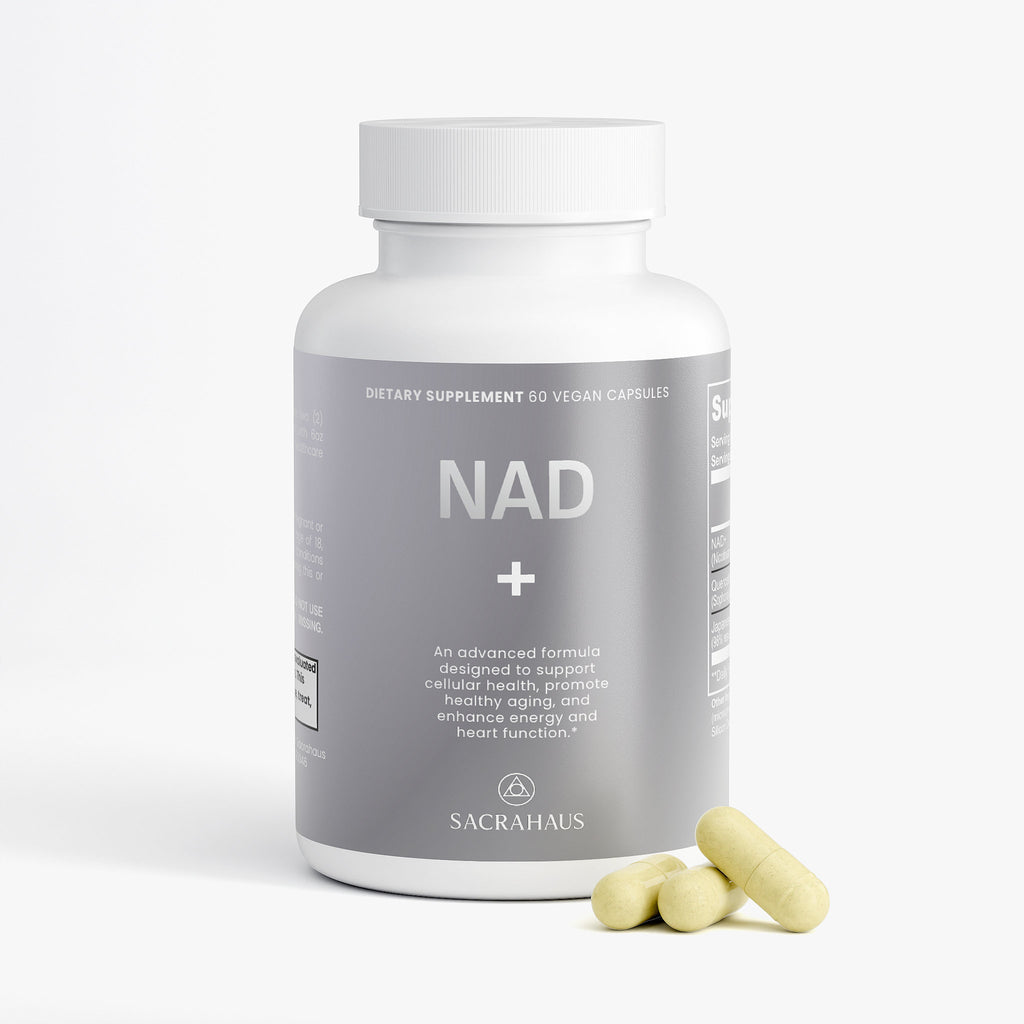 SACRAHAUS vegan NAD+ supplement in a bottle with 60 capsules for cellular health and energy enhancement