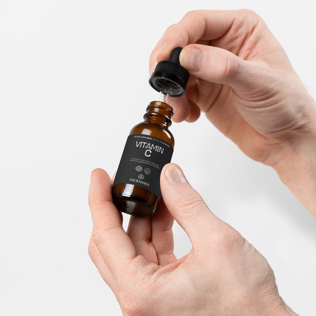 SACRAHAUS vegan vitamin C serum in dropper bottle for brightening and hydrating skin