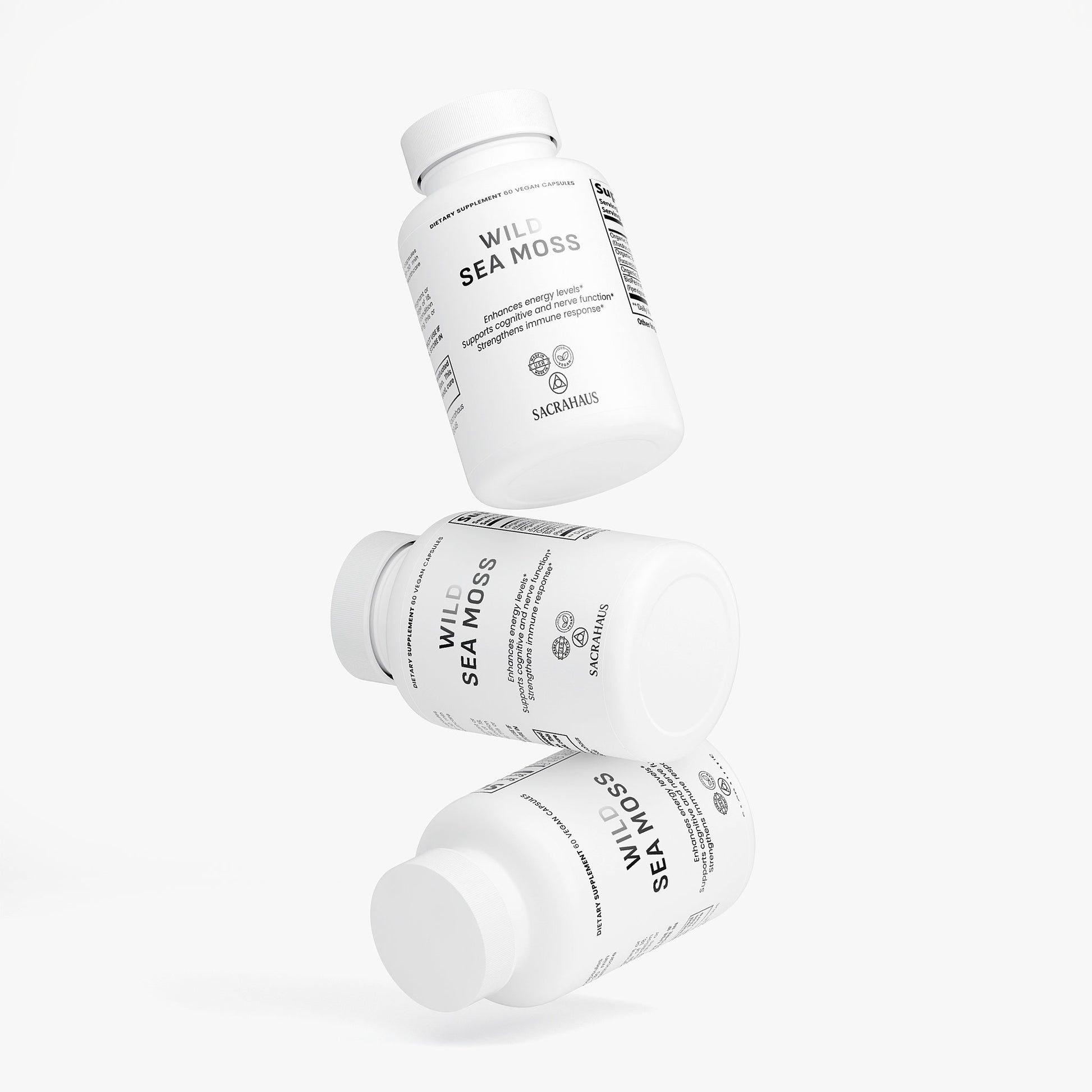 SACRAHAUS Wild Sea Moss Capsules stacked in a clean, minimalist design for health enthusiasts