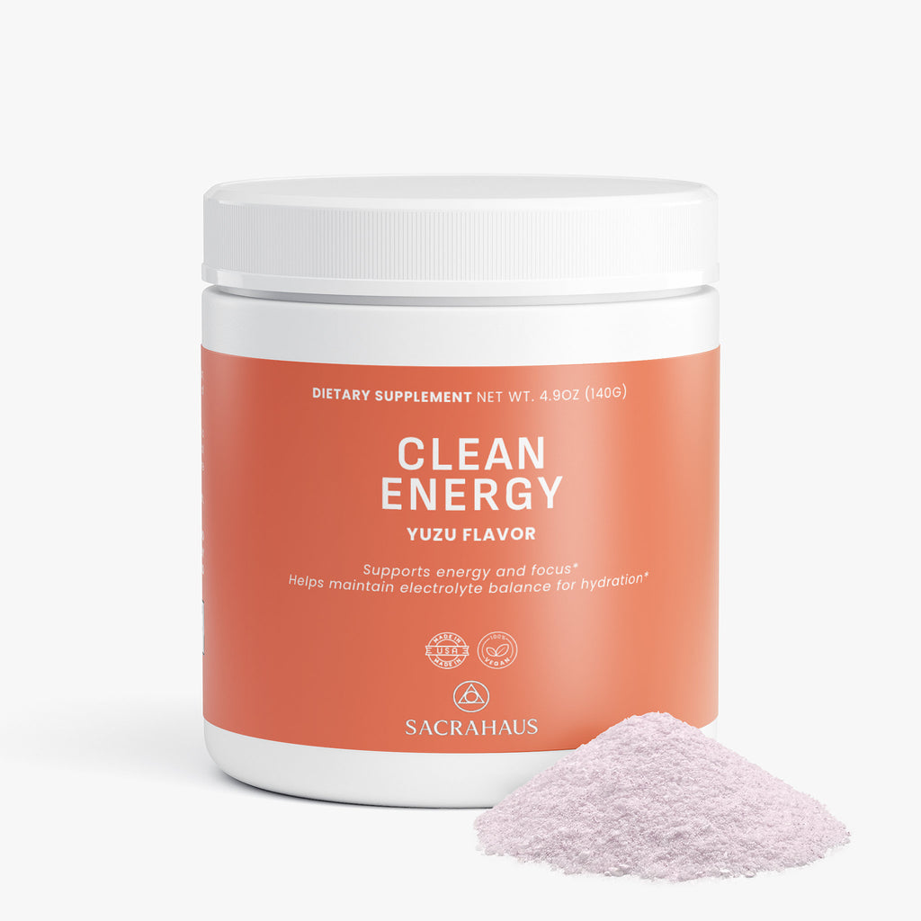 SACRAHAUS Yuzu Energy Powder in a container with a scoop for hydration and focus support